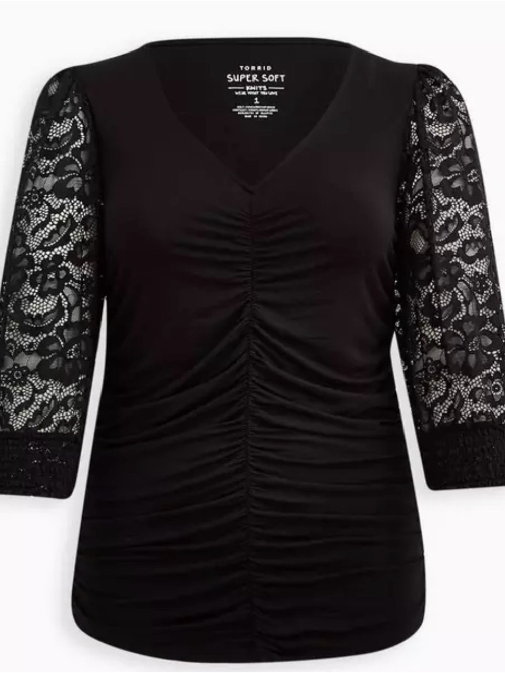 Torrid Black Ruched V-Neck Top with Lace Sleeves